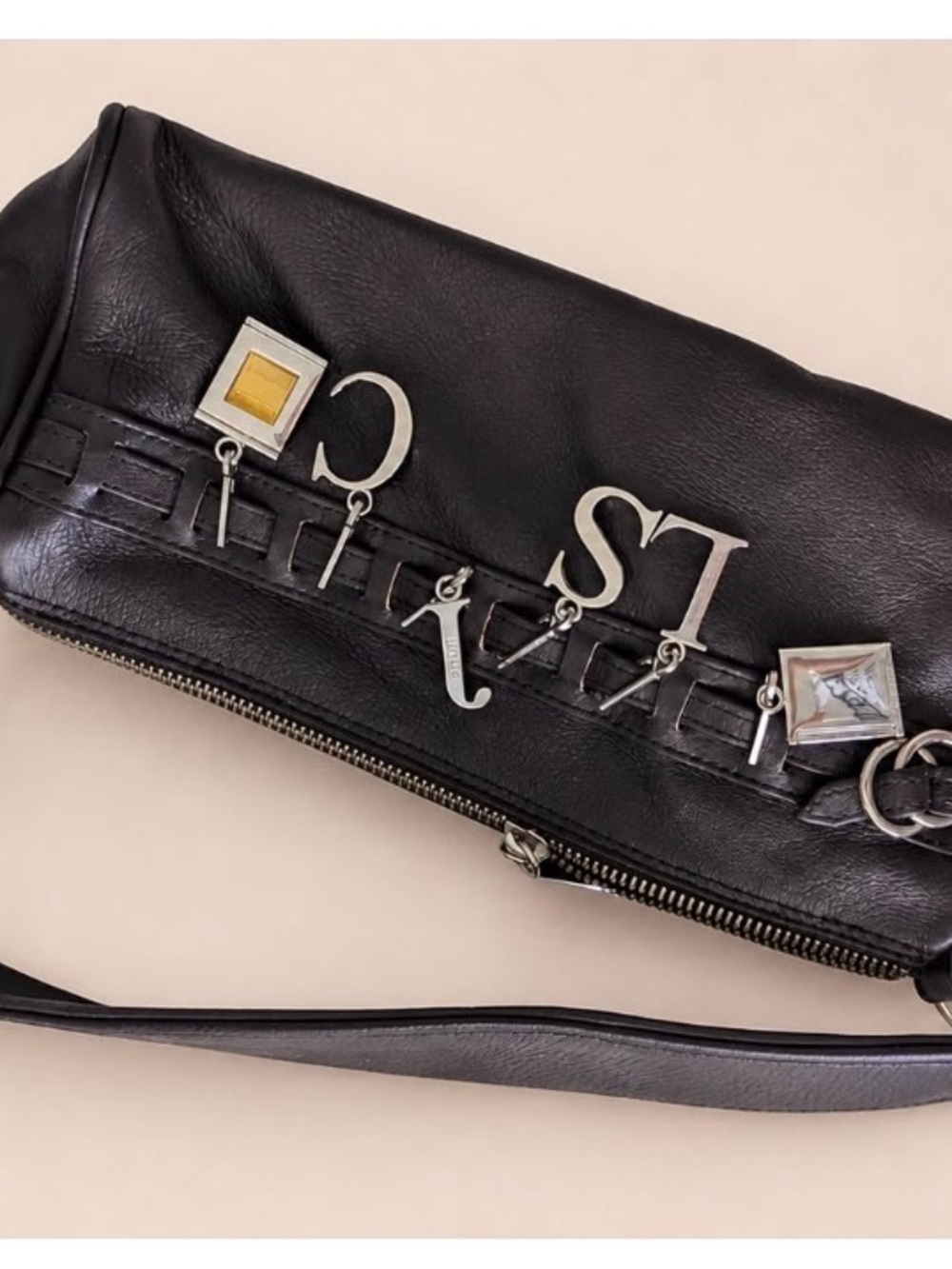 Vintage Shih Black Shoulder Clutch with Silver Letter Charms